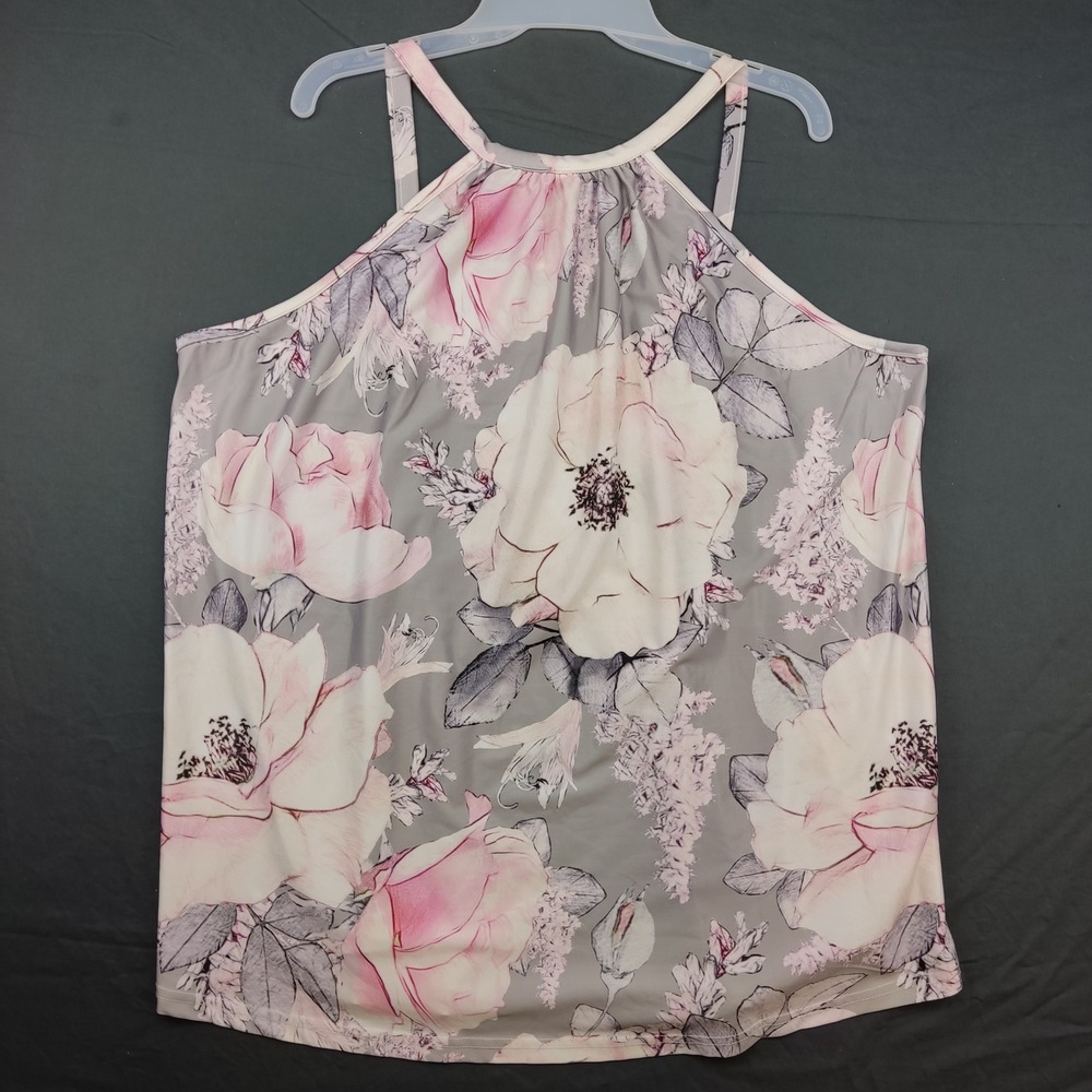 Loveu.Dear Tank Top Womens 2XL Grey Pink Floral Halter Blouse Sleeveless Strappy